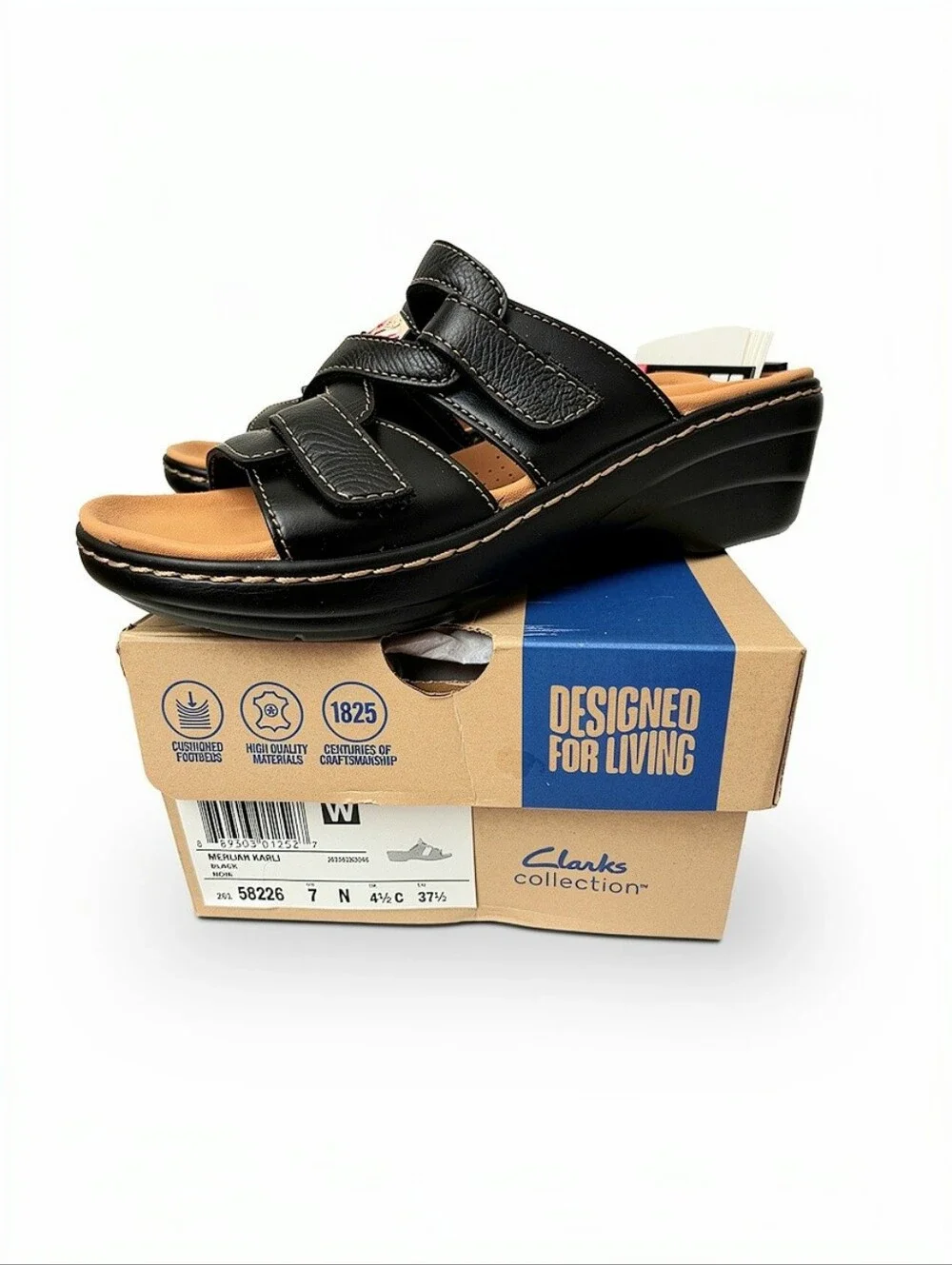 Clarks Merliah Karli Women's Black Leather Slip On Sandals Size 7 N Narrow NEW